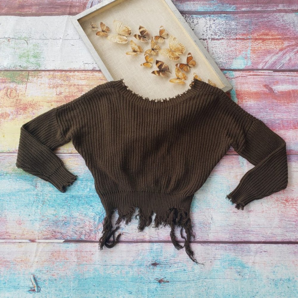 LF BSBW Olive Green Cropped Chunky Knit Sweater M